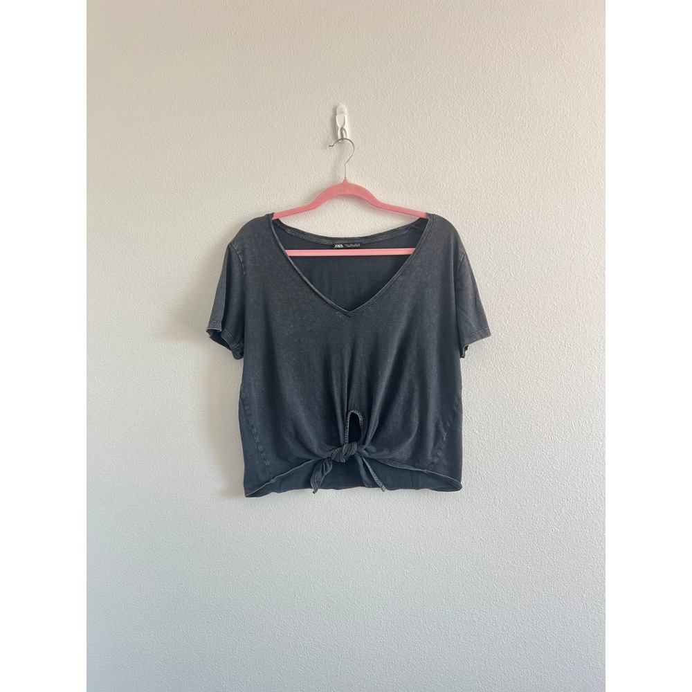 Zara Charcoal V-Neck Tie-Front Cropped T-Shirt L Boho Festival Grunge Edgy Relax